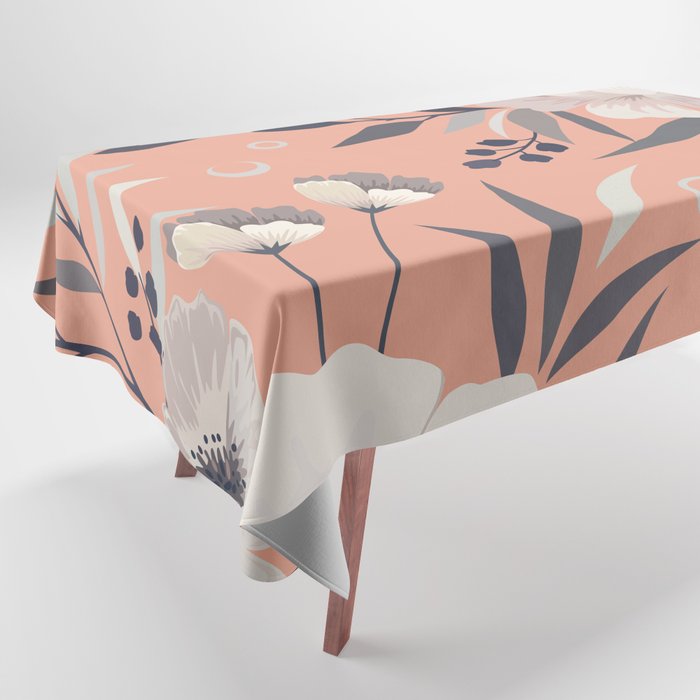 Modern, Boho, Floral Prints, Peach, Coral Gray, White Tablecloth Gallery Image 1