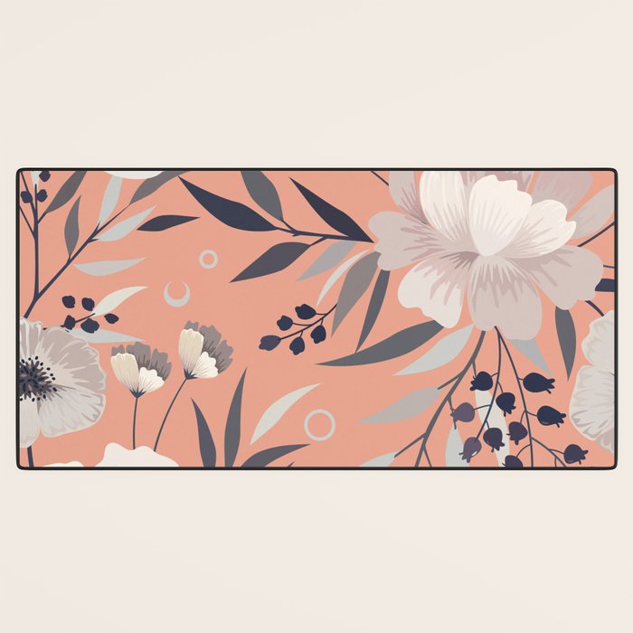 Modern, Boho, Floral Prints, Peach, Coral Gray, White Desk Mat Gallery Image 3