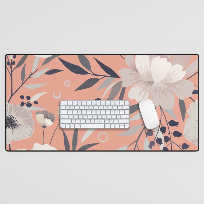 Modern, Boho, Floral Prints, Peach, Coral Gray, White Desk Mat Gallery Image 1