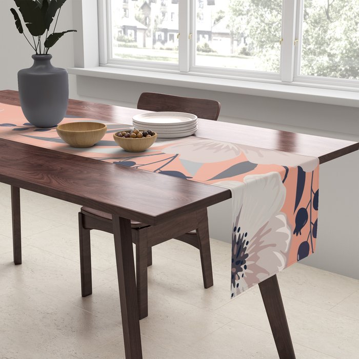 Modern, Boho, Floral Prints, Peach, Coral Gray, White Table Runner Gallery Image 2