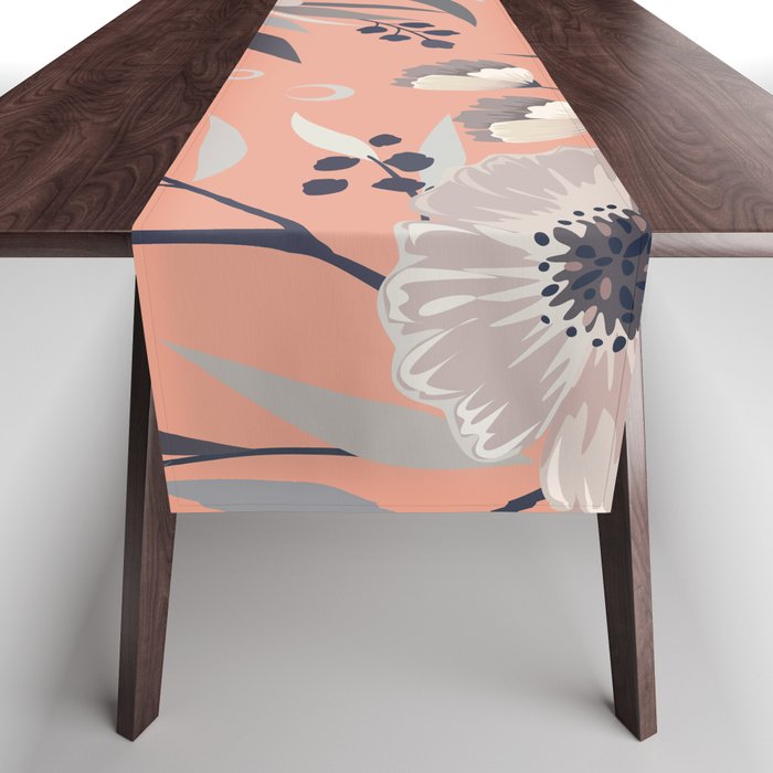 Modern, Boho, Floral Prints, Peach, Coral Gray, White Table Runner Gallery Image 1