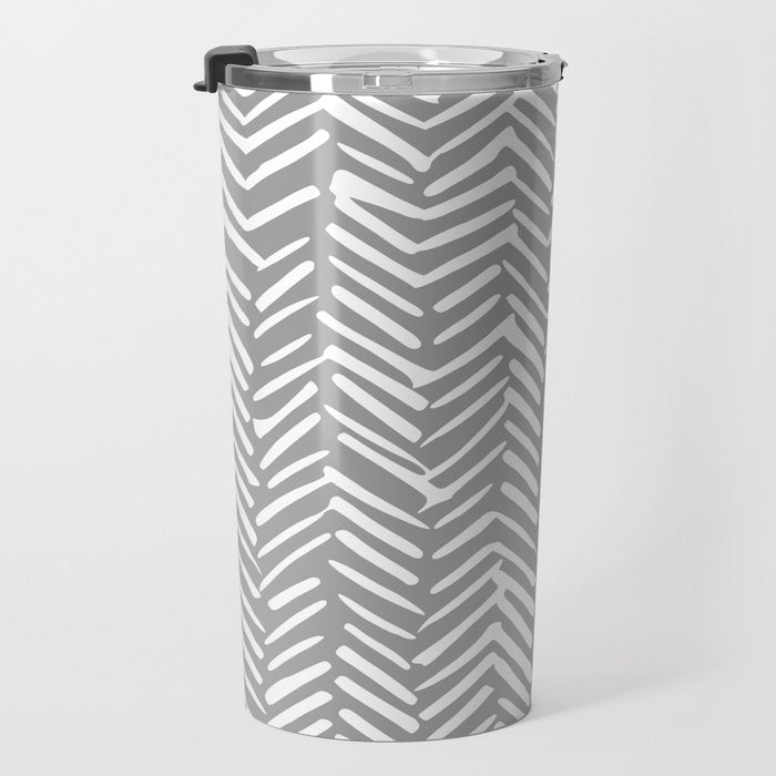 Abstract Herringbone Pattern, Rustic, Gray and White Travel Mug Gallery Image 3