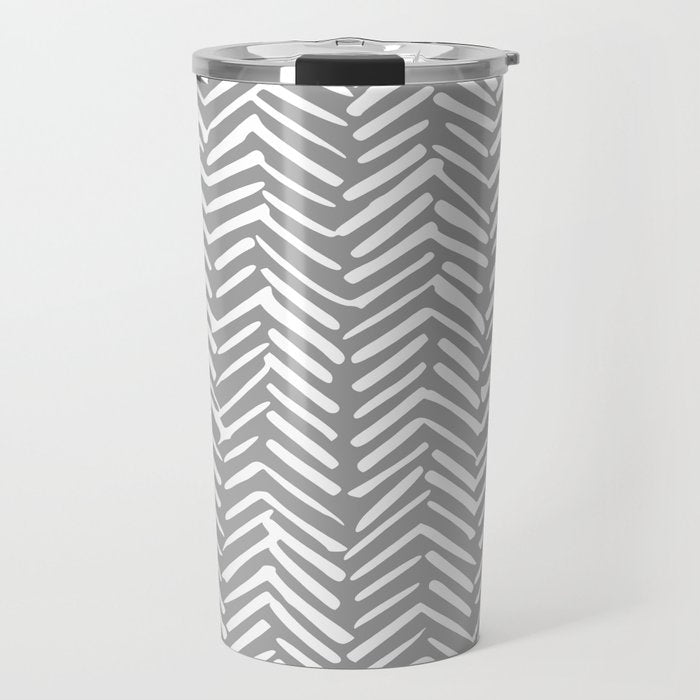 Abstract Herringbone Pattern, Rustic, Gray and White Travel Mug Gallery Image 1