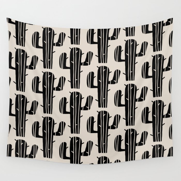 Southwestern Modern Desert Cactus Pattern 860 Black and Linen White Wall Tapestry Gallery Image 4
