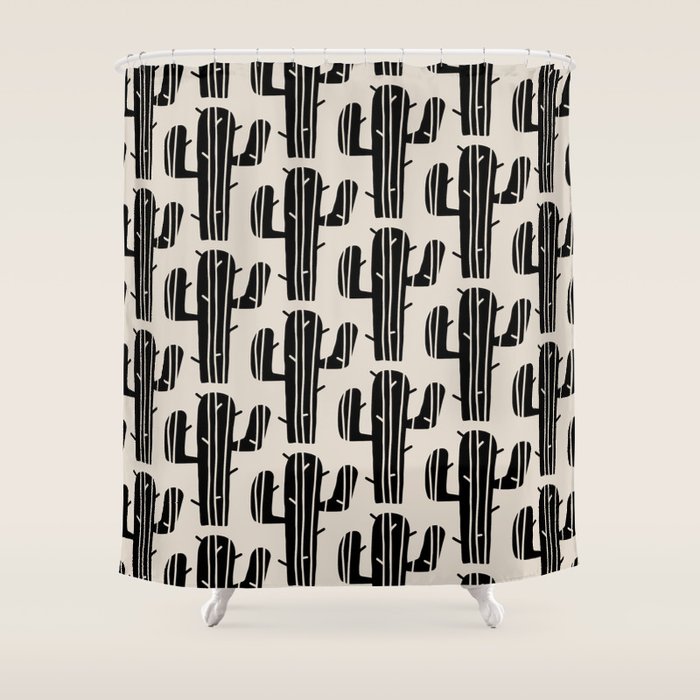 Southwestern Modern Desert Cactus Pattern 860 Black and Linen White Shower Curtain Gallery Image 1