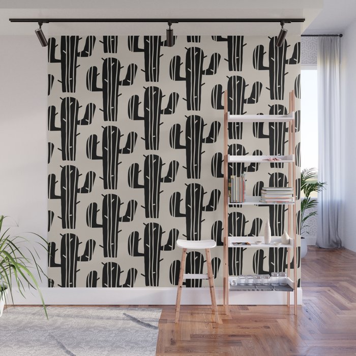 Southwestern Modern Desert Cactus Pattern 860 Black and Linen White Wall Mural Gallery Image 1