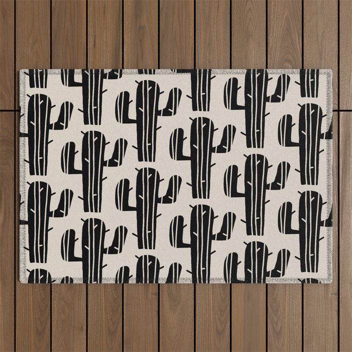 Southwestern Modern Desert Cactus Pattern 860 Black and Linen White Outdoor Rug Gallery Image 1