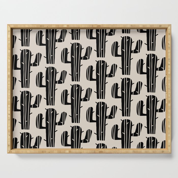 Southwestern Modern Desert Cactus Pattern 860 Black and Linen White Serving Tray Gallery Image 1