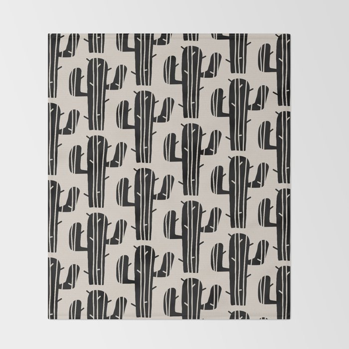 Southwestern Modern Desert Cactus Pattern 860 Black and Linen White Throw Blanket Gallery Image 2