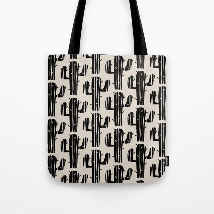 Southwestern Modern Desert Cactus Pattern 860 Black and Linen White Tote Bag Gallery Image 1