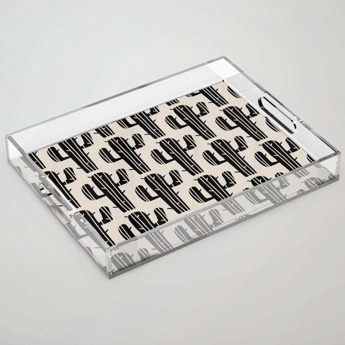 Southwestern Modern Desert Cactus Pattern 860 Black and Linen White Acrylic Tray Gallery Image 1