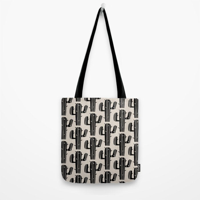 Southwestern Modern Desert Cactus Pattern 860 Black and Linen White Tote Bag Gallery Image 2