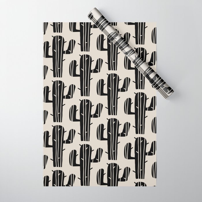 Southwestern Modern Desert Cactus Pattern 860 Black and Linen White Wrapping Paper Gallery Image 1