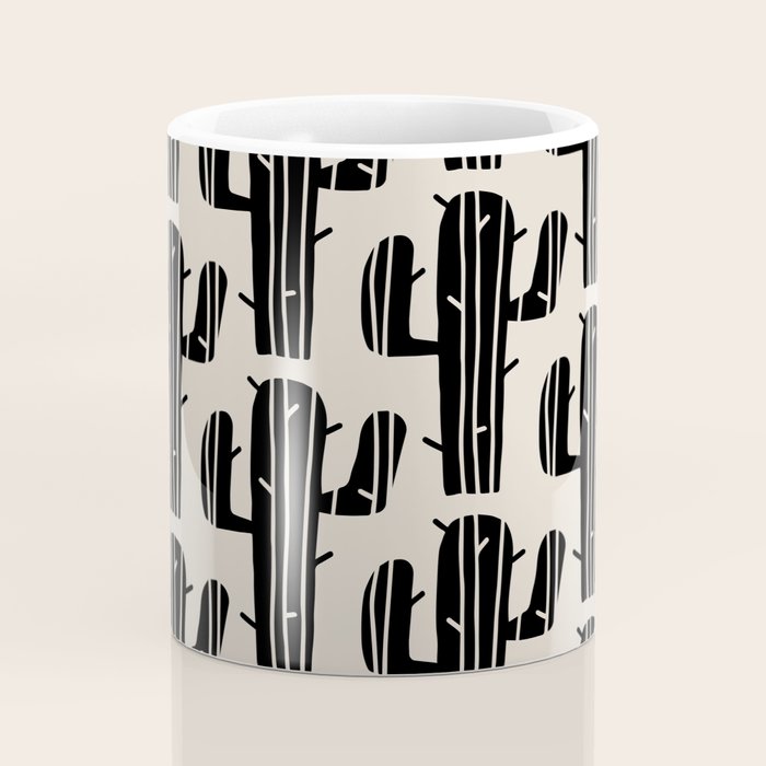 Southwestern Modern Desert Cactus Pattern 860 Black and Linen White Coffee Mug Gallery Image 4