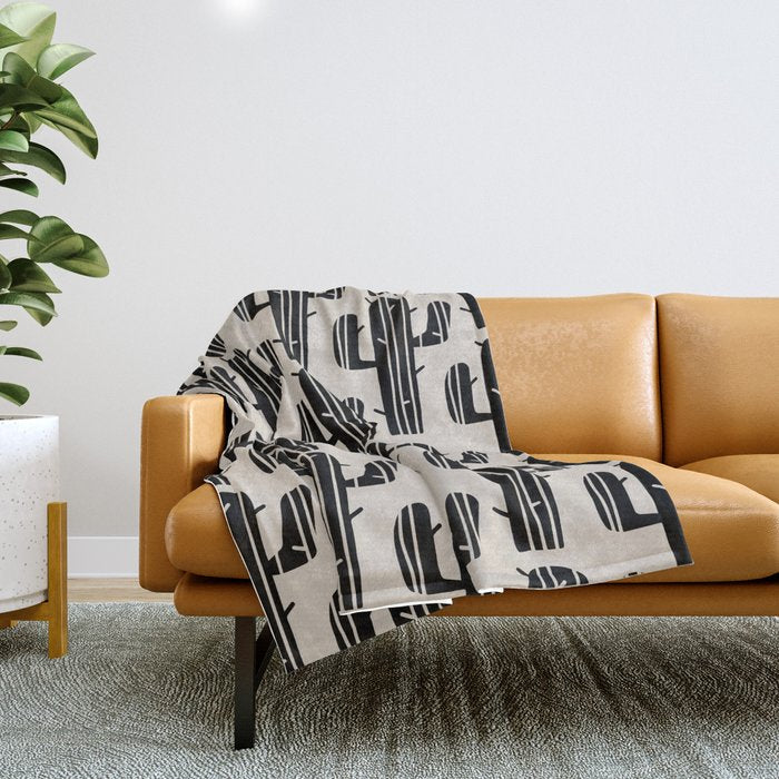 Southwestern Modern Desert Cactus Pattern 860 Black and Linen White Throw Blanket Gallery Image 1