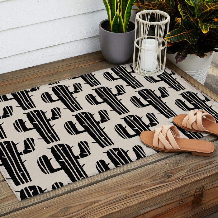 Southwestern Modern Desert Cactus Pattern 860 Black and Linen White Outdoor Rug Gallery Image 2
