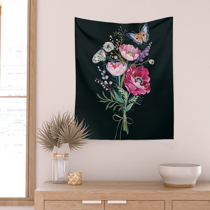 Butterfly Floral Bouquet Wall Tapestry Gallery Image 2