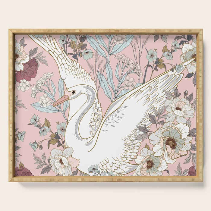 seamless floral pattern with white swan Serving Tray Gallery Image 1