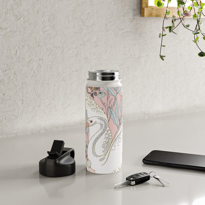 seamless floral pattern with white swan Water Bottle Gallery Image 4