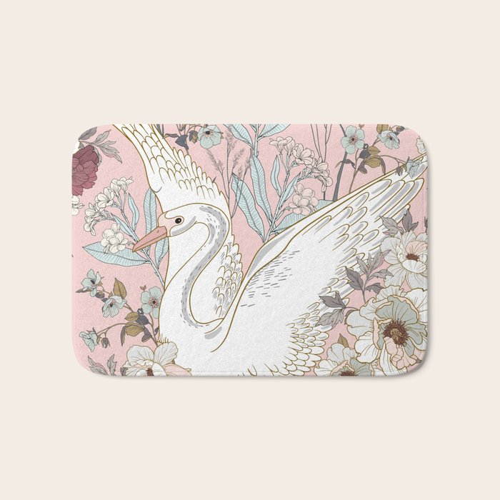 seamless floral pattern with white swan Bath Mat Gallery Image 1