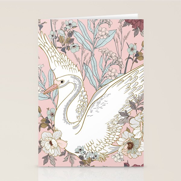 seamless floral pattern with white swan Stationery Card Gallery Image 1