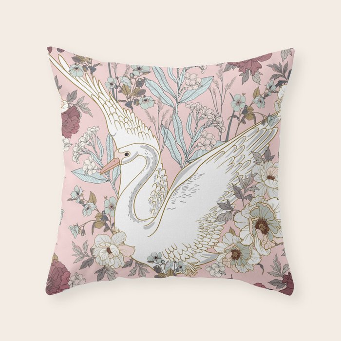 seamless floral pattern with white swan Throw Pillow Gallery Image 1