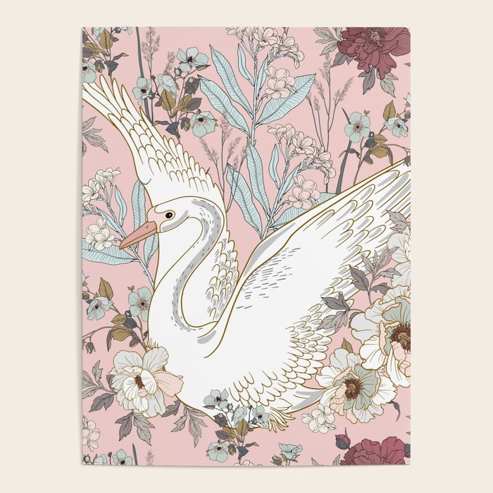 seamless floral pattern with white swan Poster Gallery Image 1