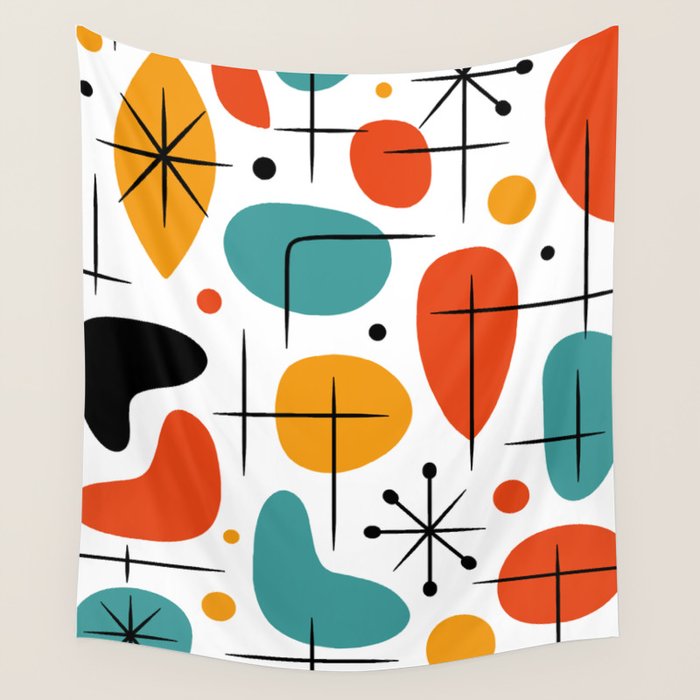 Retro Mid Century Modern Atomic Starburst Pattern Wall Tapestry Gallery Image 1