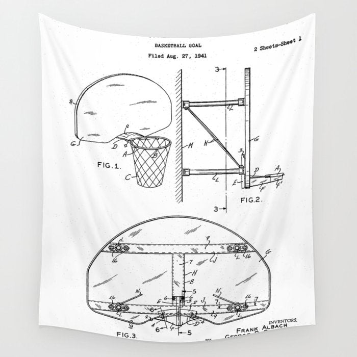 Basketball Net Patent - Basketball Fan Coach Player Art - White Wall Tapestry Gallery Image 4