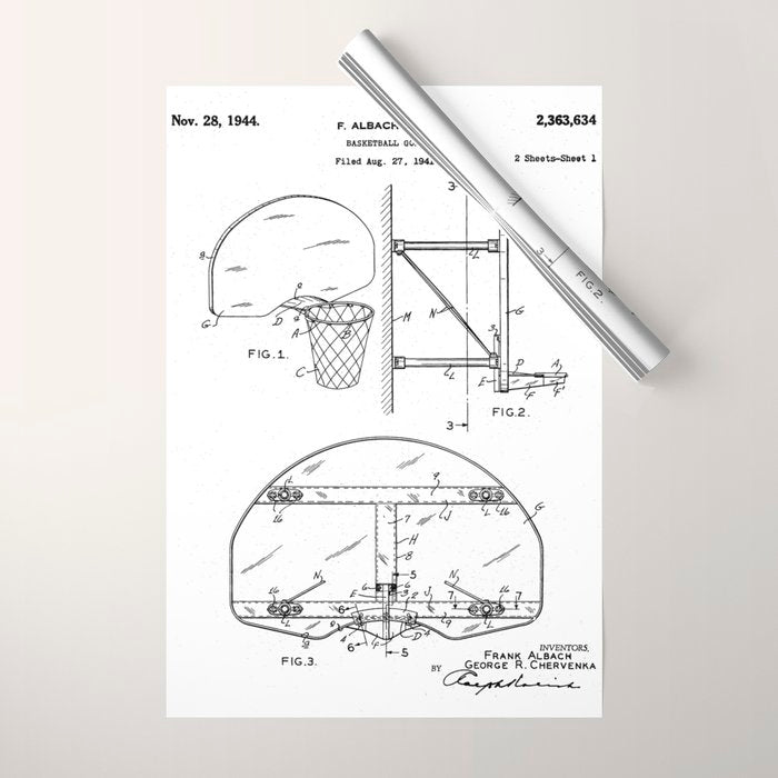 Basketball Net Patent - Basketball Fan Coach Player Art - White Wrapping Paper Gallery Image 1