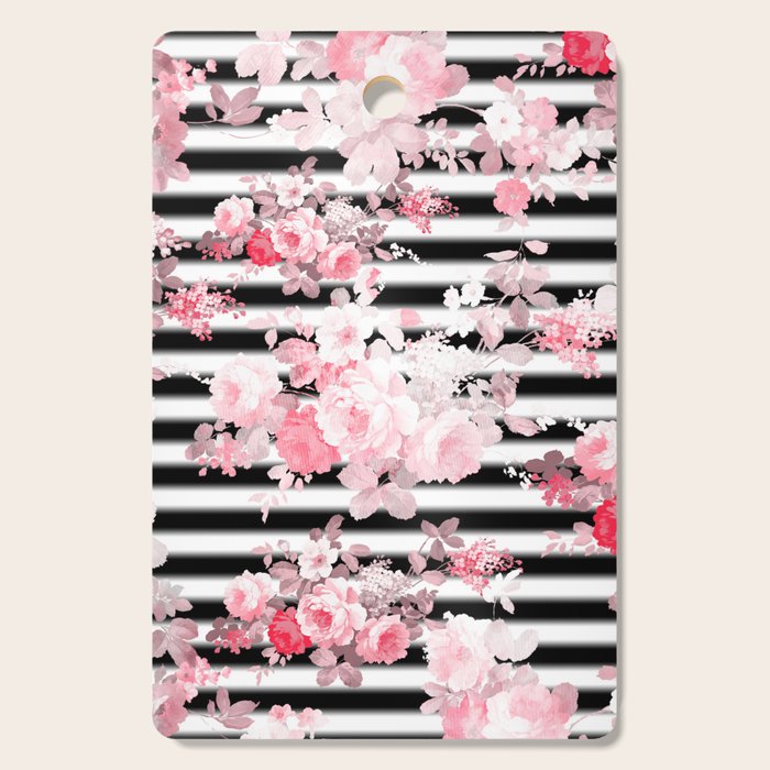 Vintage blush pink floral black white stripes Cutting Board Gallery Image 1
