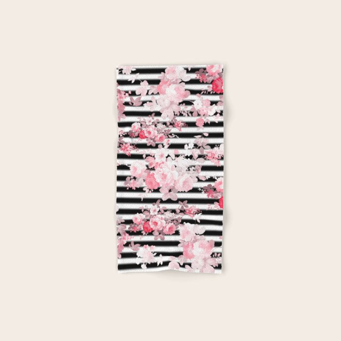 Vintage blush pink floral black white stripes Bath Towel Gallery Image 1
