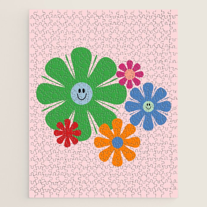 Happy Retro Flowers 60s 70s Smiley Face Colorful Spring Floral on Pink Jigsaw Puzzle