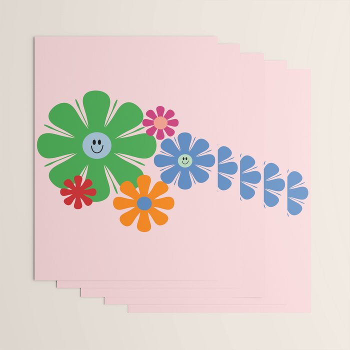 Happy Retro Flowers 60s 70s Smiley Face Colorful Spring Floral on Pink Wrapping Paper Gallery Image 3