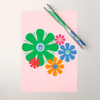 Happy Retro Flowers 60s 70s Smiley Face Colorful Spring Floral on Pink Wrapping Paper Gallery Image 1