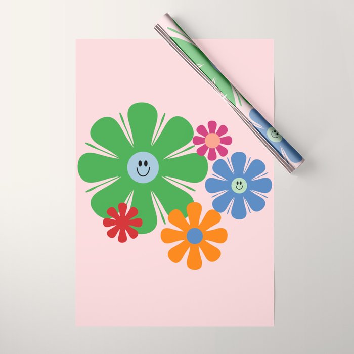 Happy Retro Flowers 60s 70s Smiley Face Colorful Spring Floral on Pink Wrapping Paper Gallery Image 1