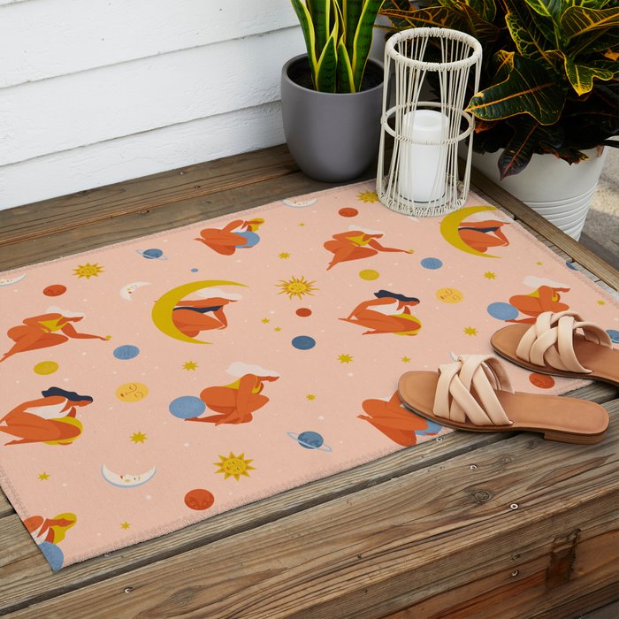 Collection of women holding planet with dream universe. Outdoor Rug Gallery Image 2