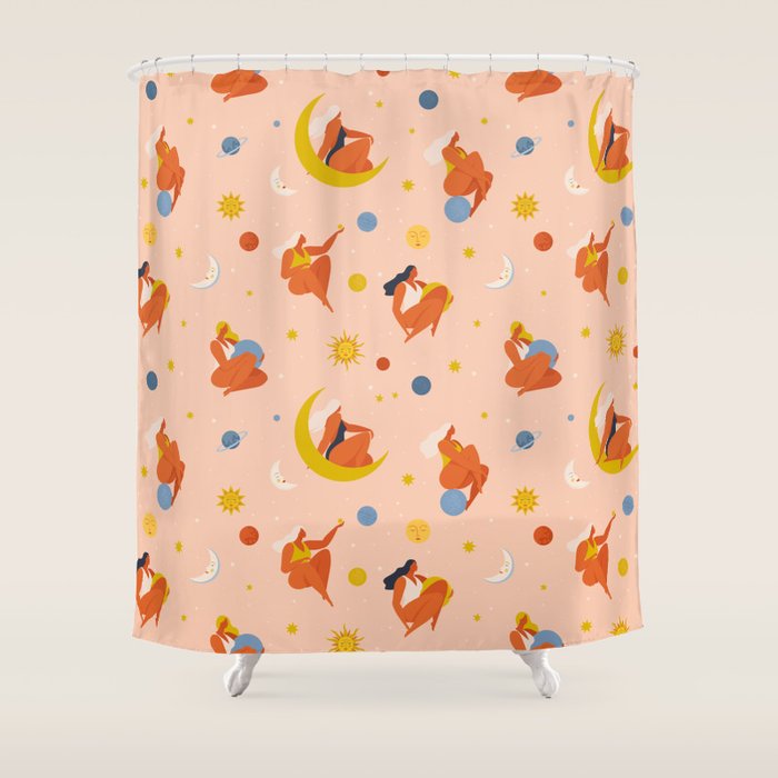 Collection of women holding planet with dream universe. Shower Curtain Gallery Image 1