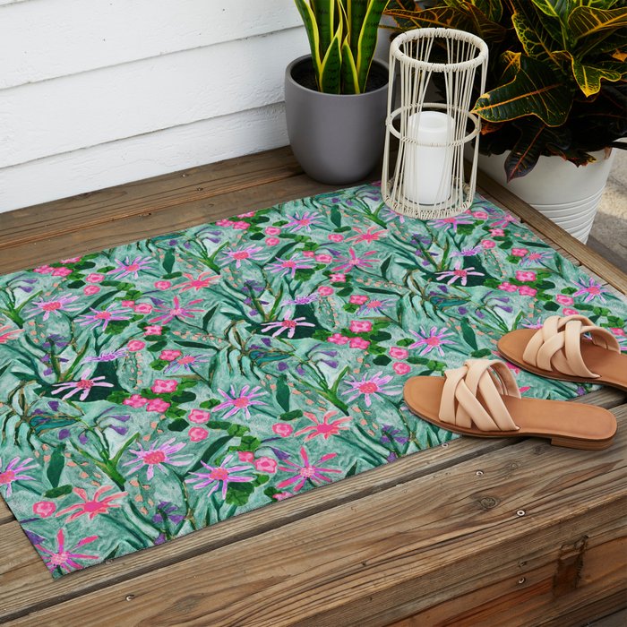 Flower garden hand painted floral pattern Outdoor Rug Gallery Image 2