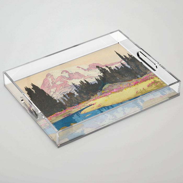 Mount Rainier Vintage Beautiful Japanese Woodblock Print Hiroshi Yoshida Acrylic Tray Gallery Image 1