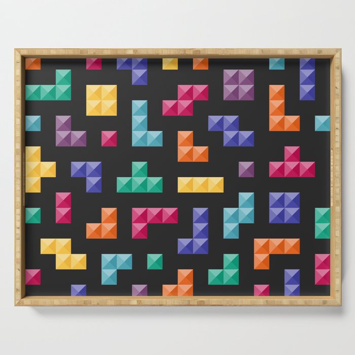 Tetris bricks jewel tones on black pattern Serving Tray Gallery Image 1