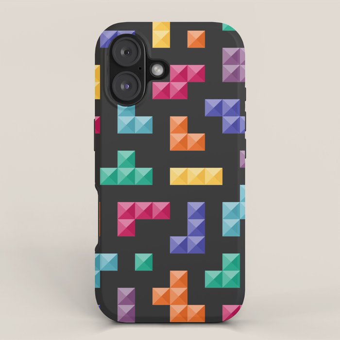 Tetris bricks jewel tones on black pattern iPhone Case Gallery Image 1