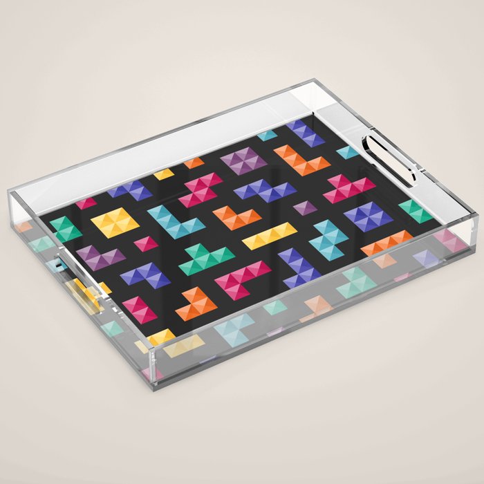 Tetris bricks jewel tones on black pattern Acrylic Tray Gallery Image 1