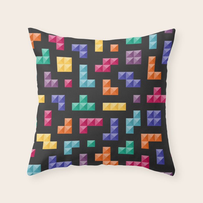 Tetris bricks jewel tones on black pattern Throw Pillow Gallery Image 1