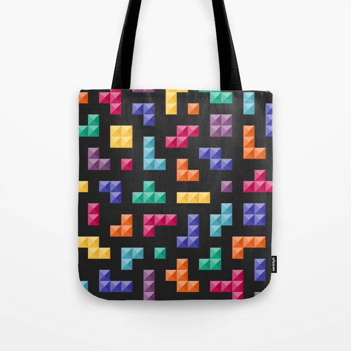 Tetris bricks jewel tones on black pattern Tote Bag Gallery Image 1