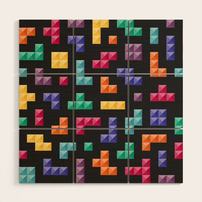 Tetris bricks jewel tones on black pattern Wood Wall Art Gallery Image 1