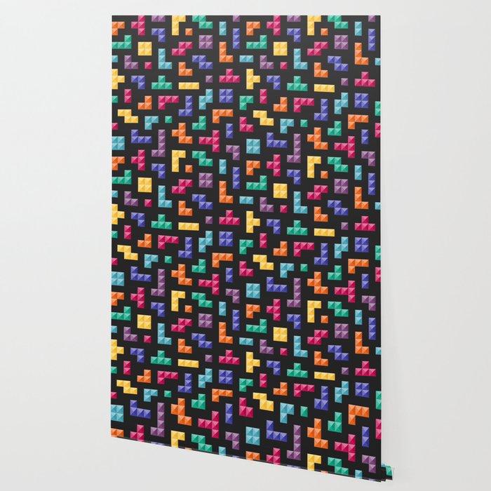 Tetris bricks jewel tones on black pattern Wallpaper Gallery Image 2