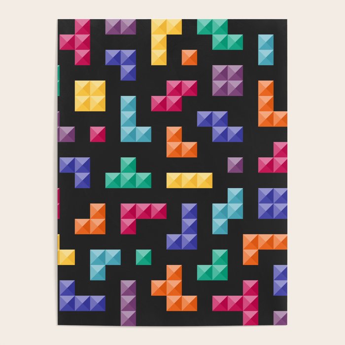Tetris bricks jewel tones on black pattern Poster Gallery Image 4