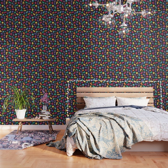 Tetris bricks jewel tones on black pattern Wallpaper Gallery Image 3