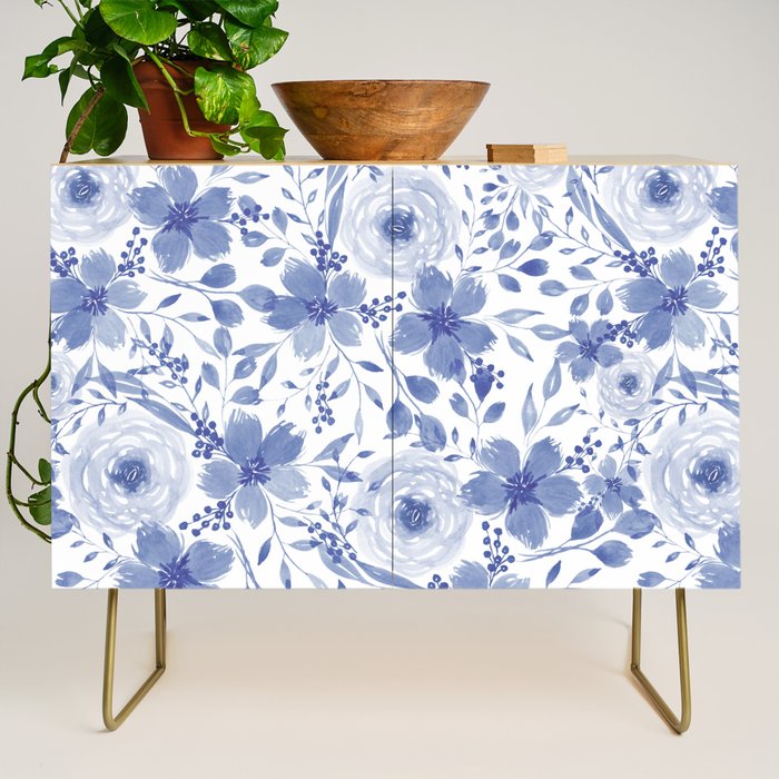 Blue and White Watercolor Florals Credenza Gallery Image 1